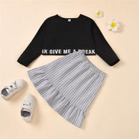 Girls Long-Sleeve Letter Printed T-shirts & Striped Ruffled Skirt Wholesale Little Girl Clothes - PrettyKid