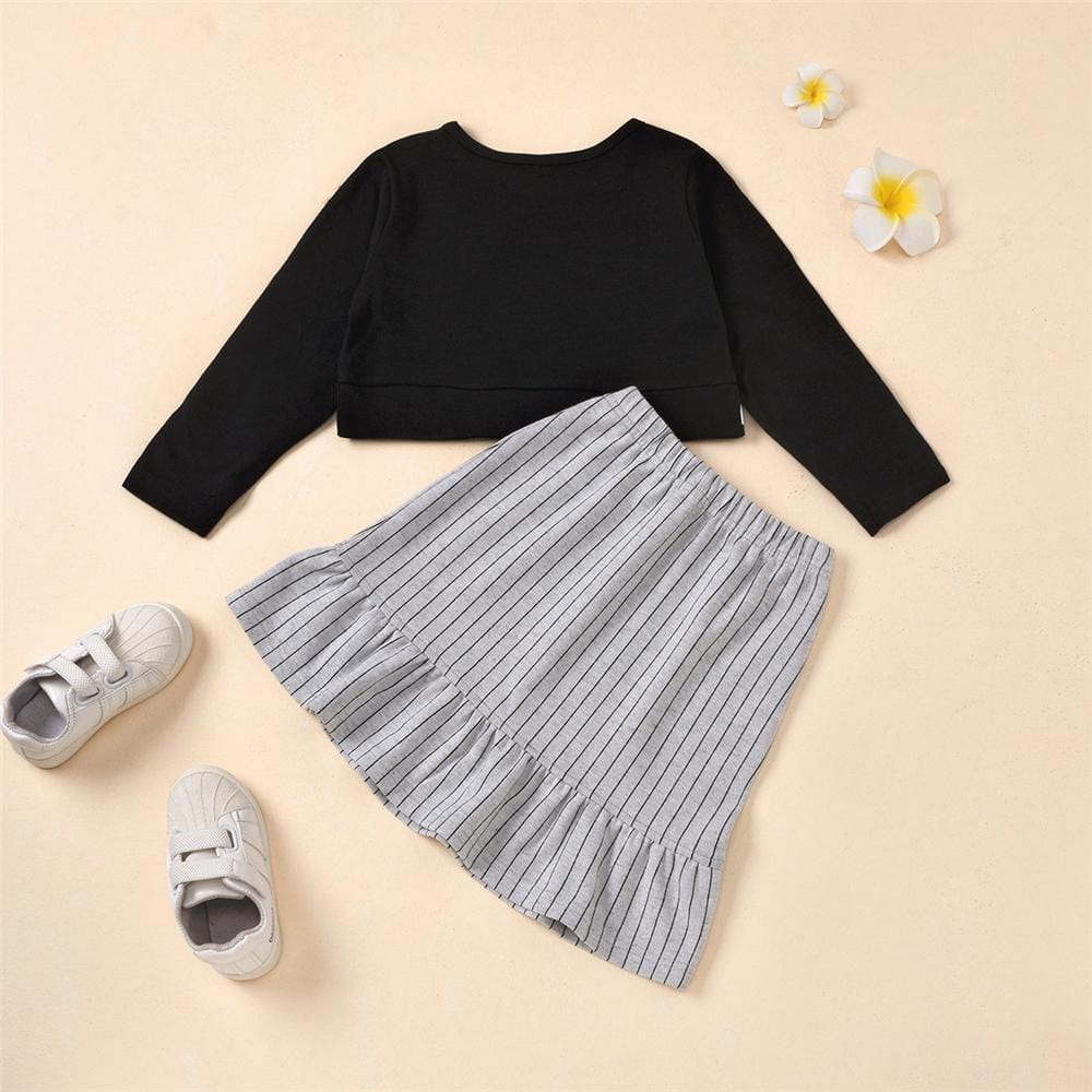 Girls Long-Sleeve Letter Printed T-shirts & Striped Ruffled Skirt Wholesale Little Girl Clothes - PrettyKid