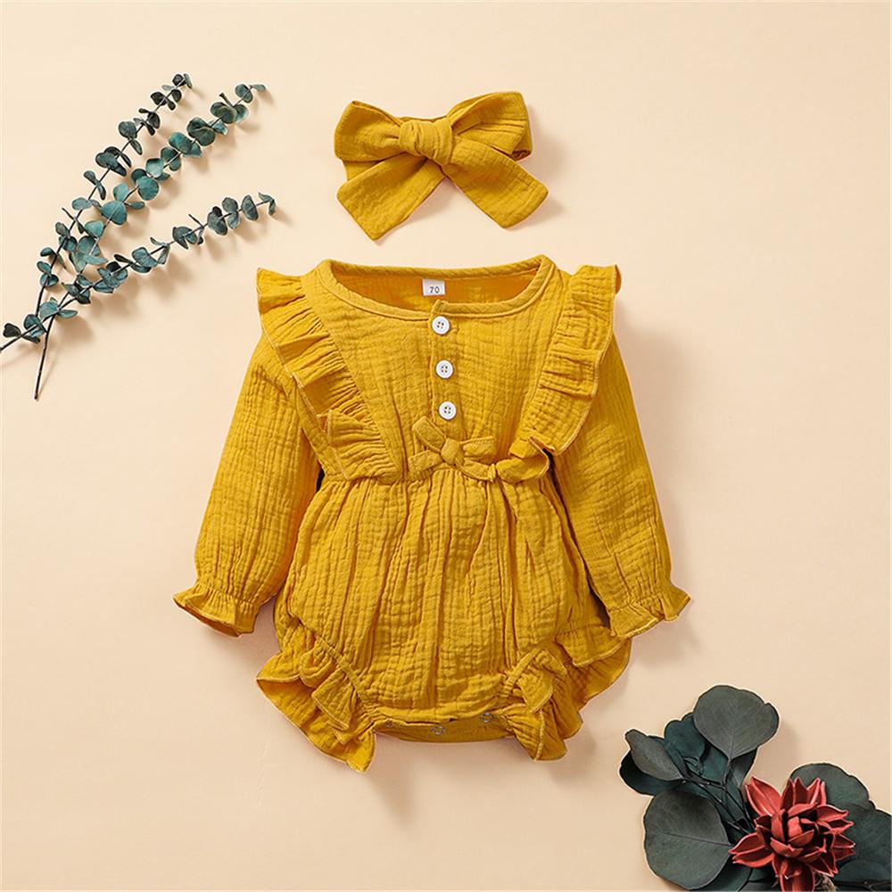 Baby Girls Long-Sleeve Solid Ruffle Bow Romper Baby Boutique Clothes Wholesale - PrettyKid