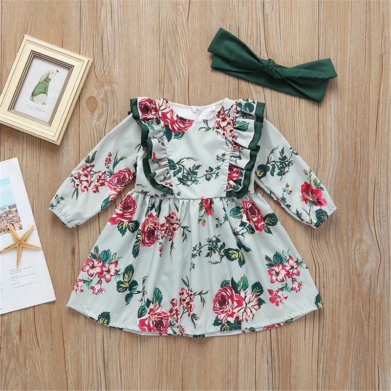 Baby Girls Long-sleeve Floral Dress & Headband - PrettyKid