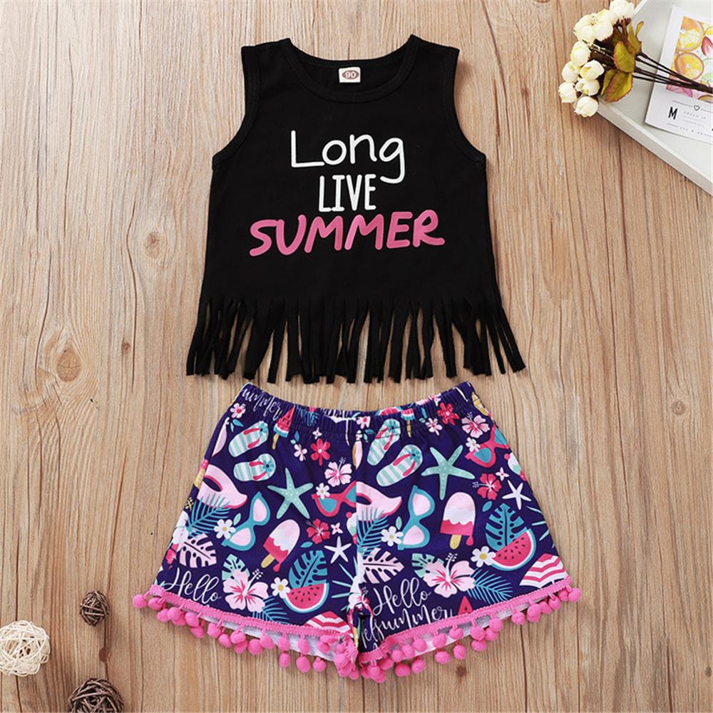 Girls Long Live Summer Printed Sleeveless Tassel Top & Floral Shorts Toddler Girl Wholesale Clothing - PrettyKid