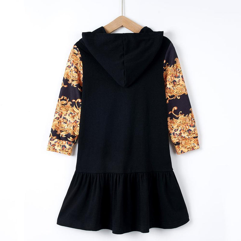 Girls Long Sleev Golden Leopard Cool Girl Printed Fashion Hooded Dress Girls Wholesale - PrettyKid