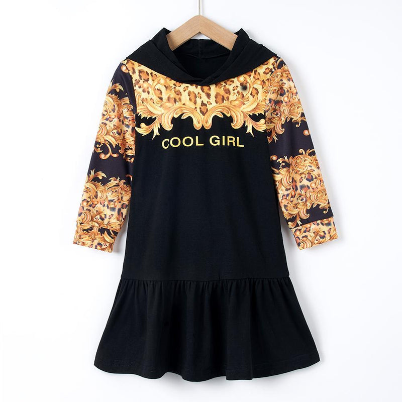 Girls Long Sleev Golden Leopard Cool Girl Printed Fashion Hooded Dress Girls Wholesale - PrettyKid