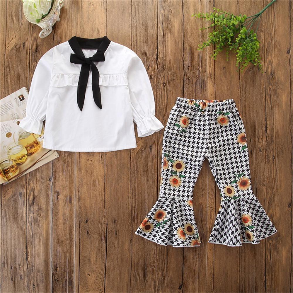 Girls Long Sleeve Blouse & Printed Bell Pants Wholesale Girl Clothing - PrettyKid