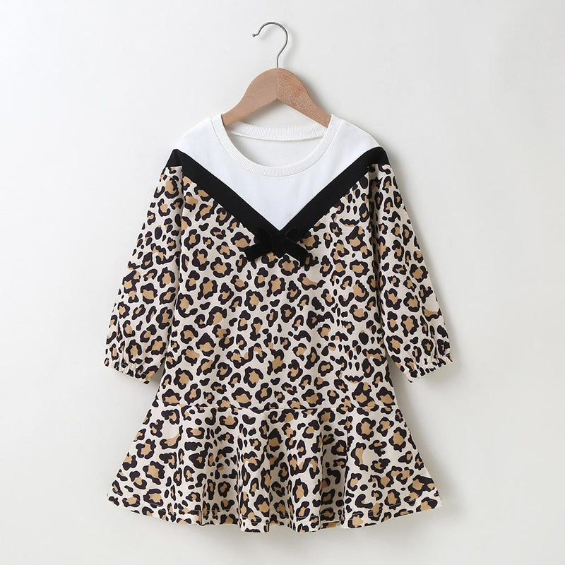 Girls Long Sleeve Bow Decor Leopard Splicing Dress Trendy Toddler clothing Cheap - PrettyKid