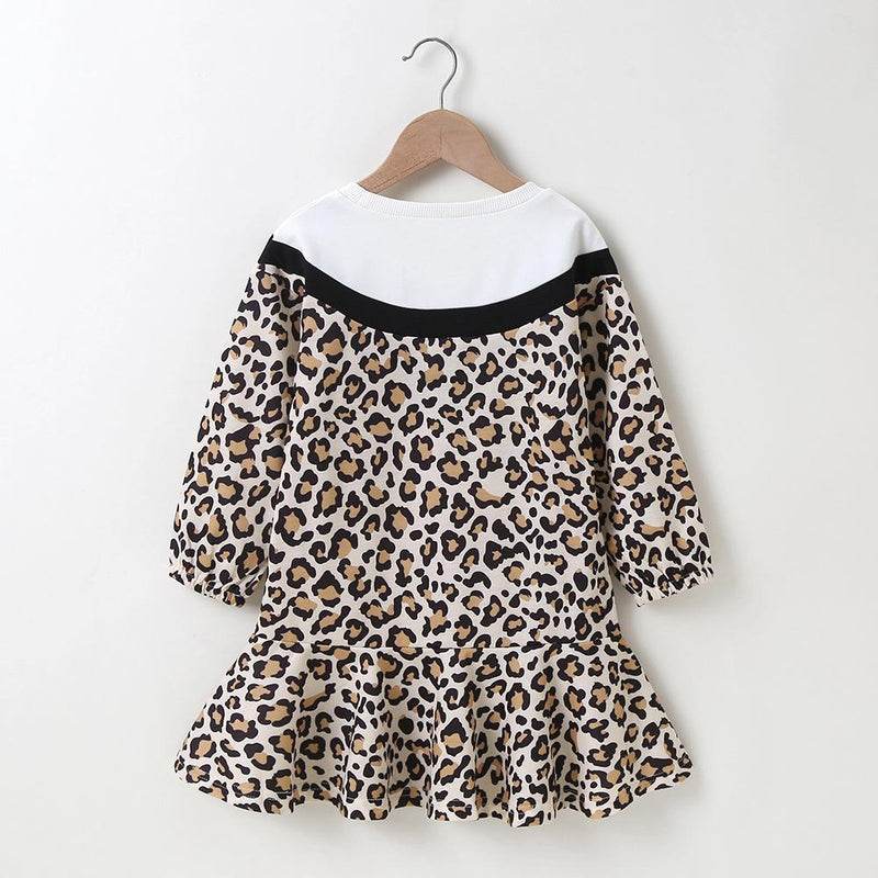 Girls Long Sleeve Bow Decor Leopard Splicing Dress Trendy Toddler clothing Cheap - PrettyKid