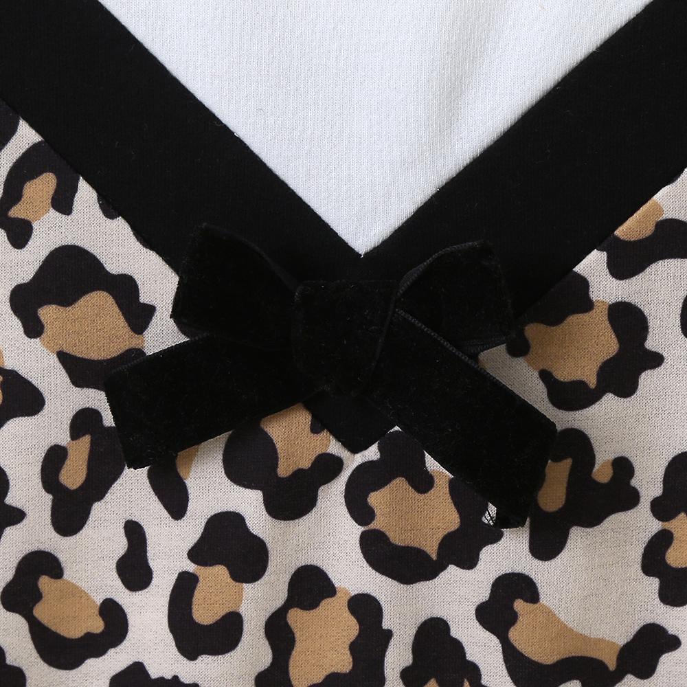 Girls Long Sleeve Bow Decor Leopard Splicing Dress Trendy Toddler clothing Cheap - PrettyKid