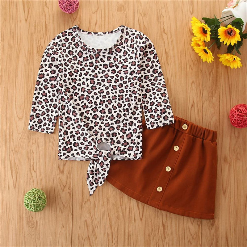Girls Long Sleeve Bow Leopard Top & Skirt Girls Clothing Wholesale - PrettyKid