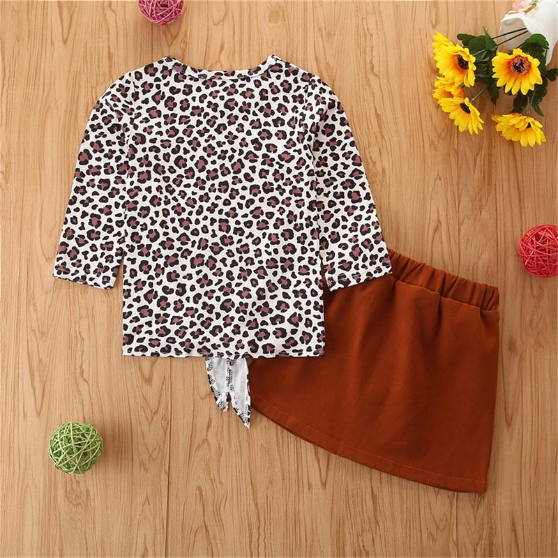 Girls Long Sleeve Bow Leopard Top & Skirt Girls Clothing Wholesale - PrettyKid