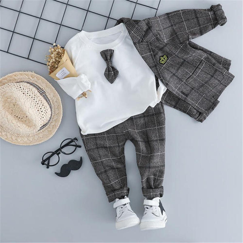 Boys Long Sleeve Bow Plaid Top & Outerwear & Pants - PrettyKid