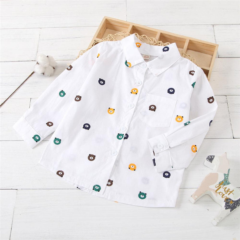 Boys Long Sleeve Button Cartoon Bear Printed Lapel Shirt Wholesale Childrens Clothing - PrettyKid