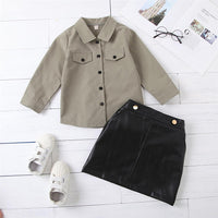 Girls Long Sleeve Button Lapel Solid Blouse & PU Skirt Baby Girl Wholesale - PrettyKid