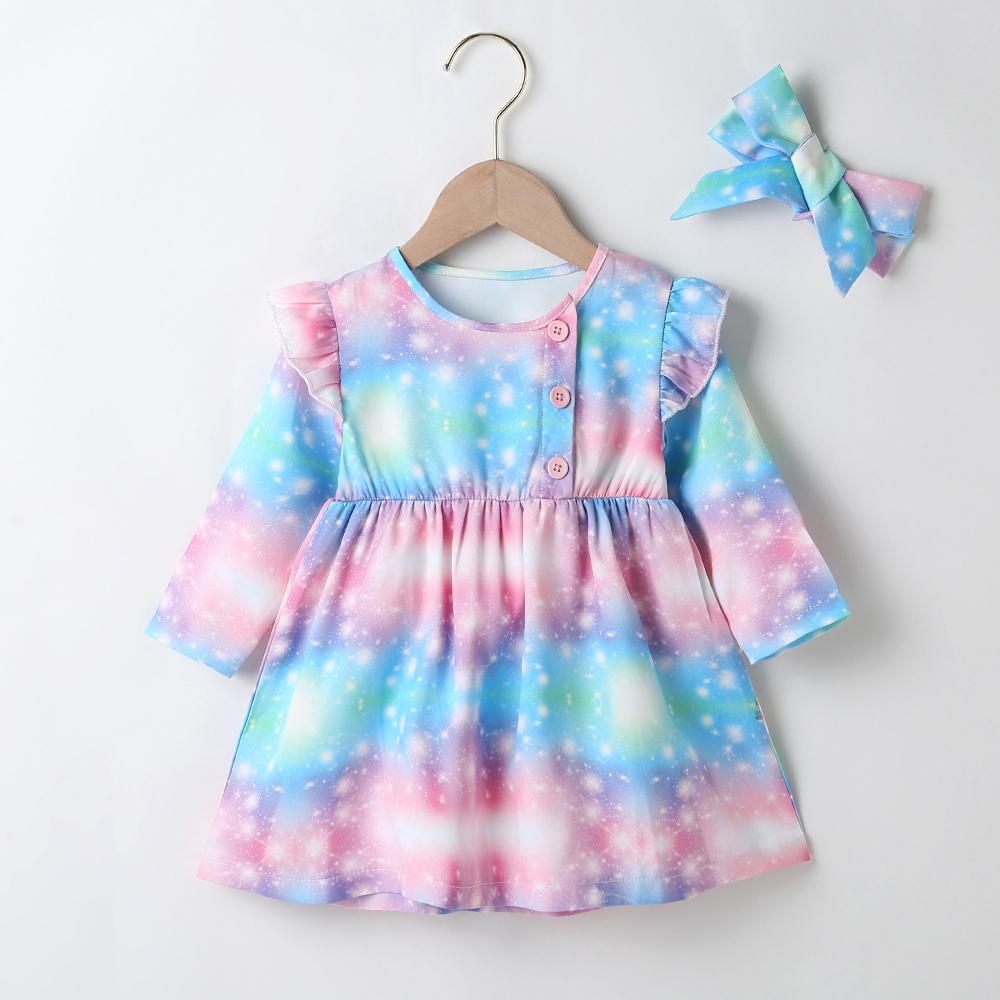 Baby Girl Long Sleeve Button Tie Dye Dress Baby Clothes Wholesale Bulk - PrettyKid