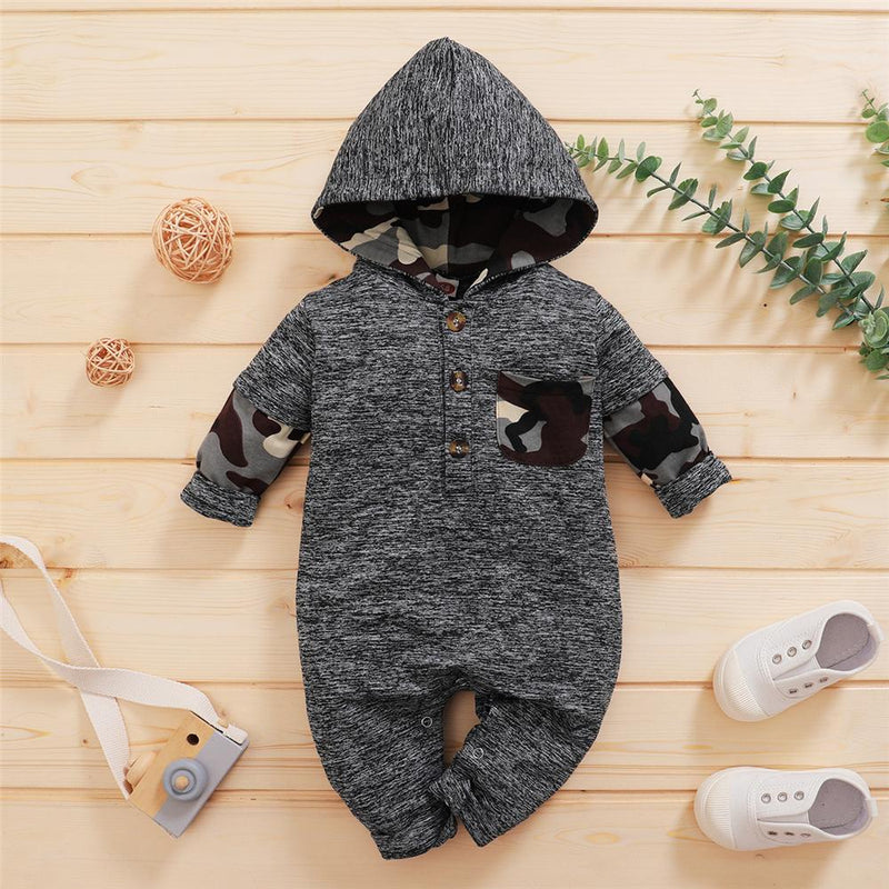 Baby Boys Long Sleeve Camo Hooded Romper Boutique Baby Clothes Wholesale - PrettyKid