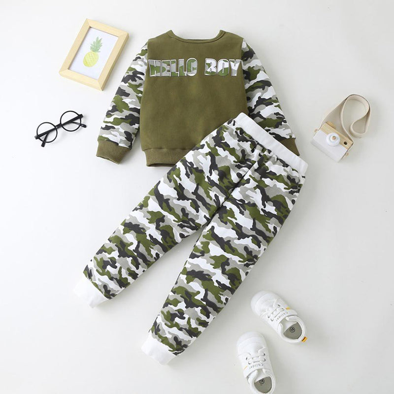 Camouflage Letter Boys Long Sleeve Top & Pants trendy kids clothing - PrettyKid