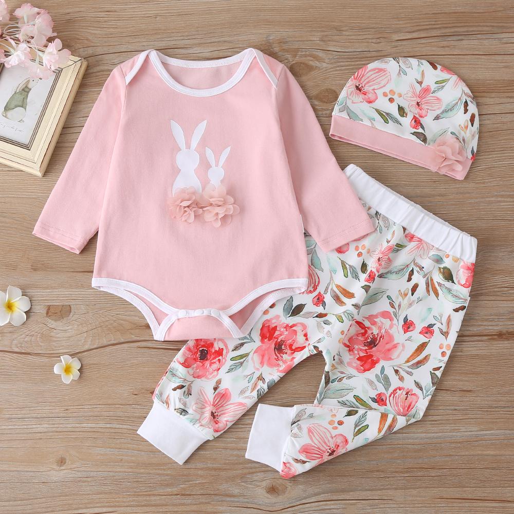 Baby Girls Long Sleeve Cartoon Rabbit Romper & Pants & Hat Buy Baby clothing Wholesale - PrettyKid