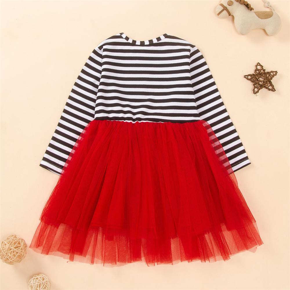 Girls Long Sleeve Cartoon Striped Mesh Dress Girls Boutique Wholesale - PrettyKid