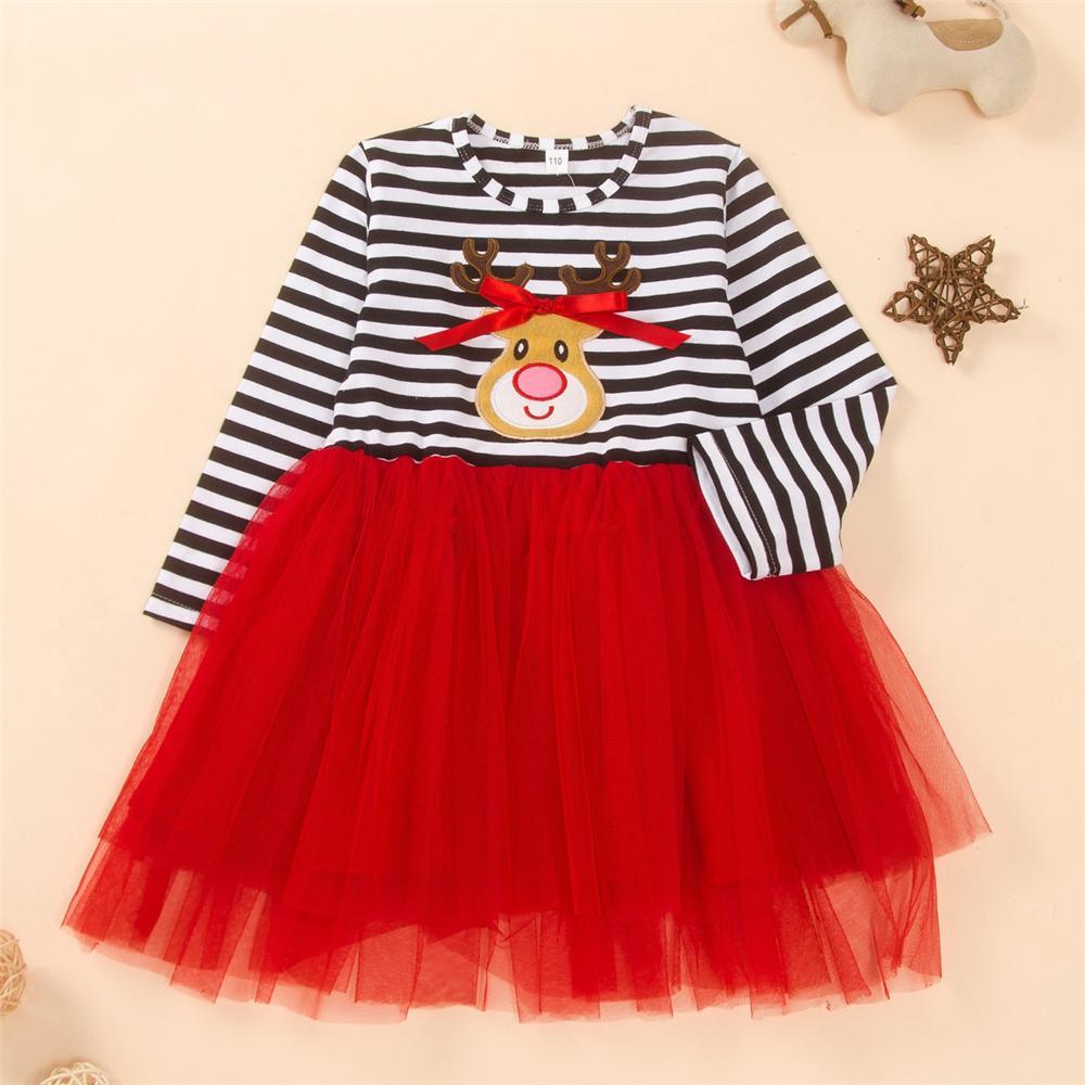 Girls Long Sleeve Cartoon Striped Mesh Dress Girls Boutique Wholesale - PrettyKid