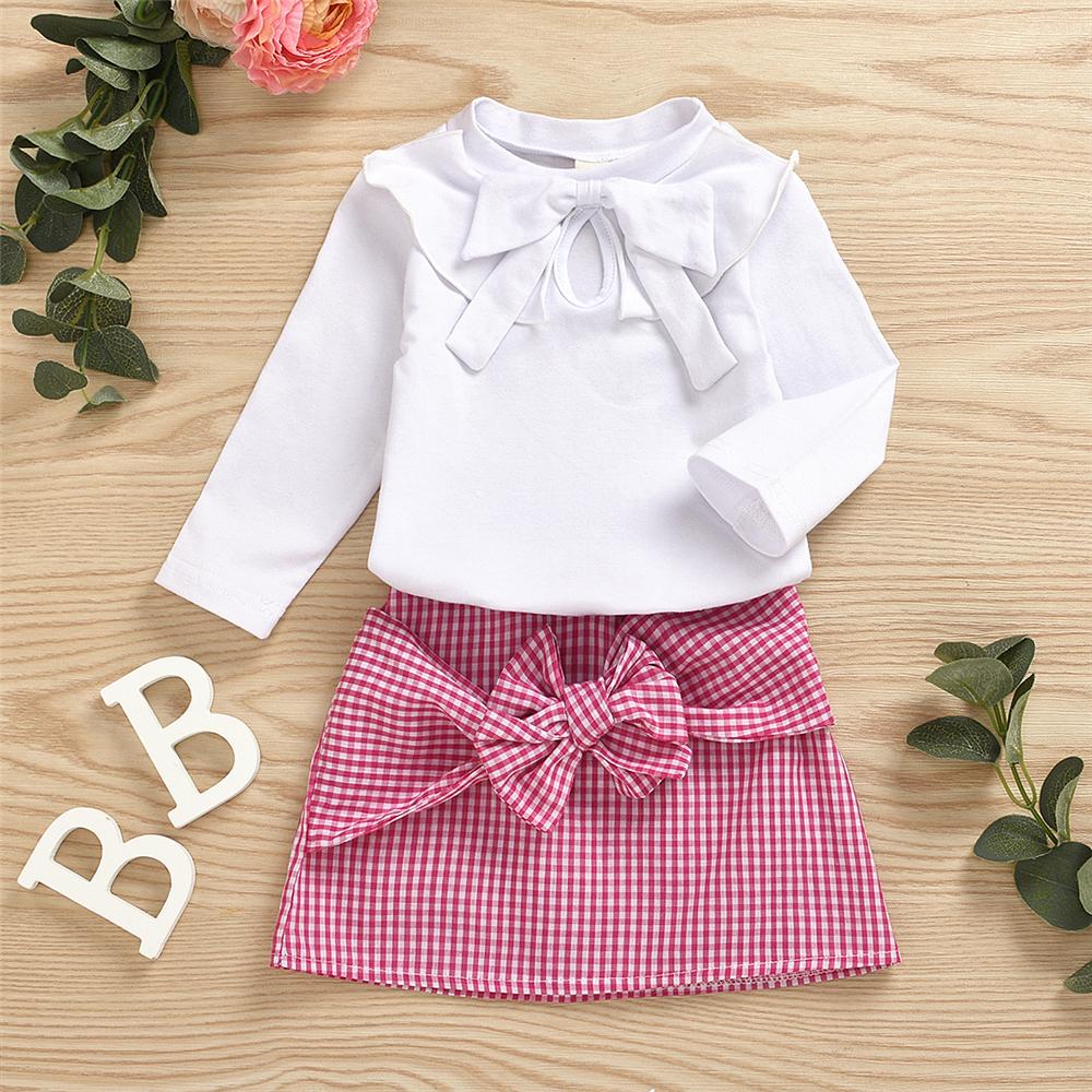 Girls Long Sleeve Casual Bow Top & Plaid Skirt Wholesale Little Girls Clothes - PrettyKid