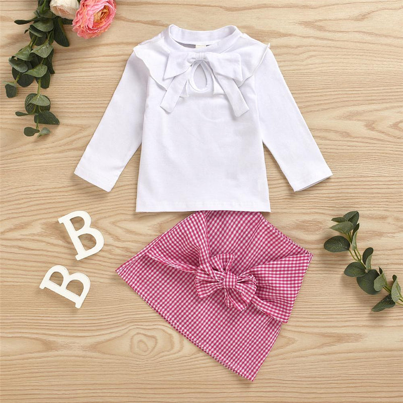 Girls Long Sleeve Casual Bow Top & Plaid Skirt Wholesale Little Girls Clothes - PrettyKid