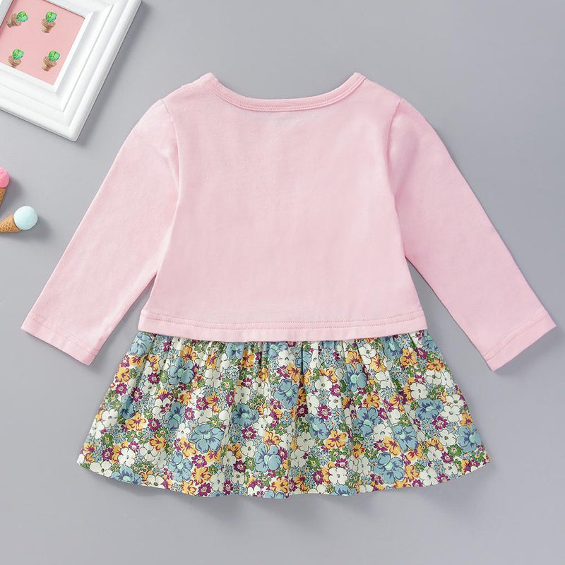 Baby Girls Long Sleeve Floral Splicing Dress Baby Boutique Wholesale - PrettyKid