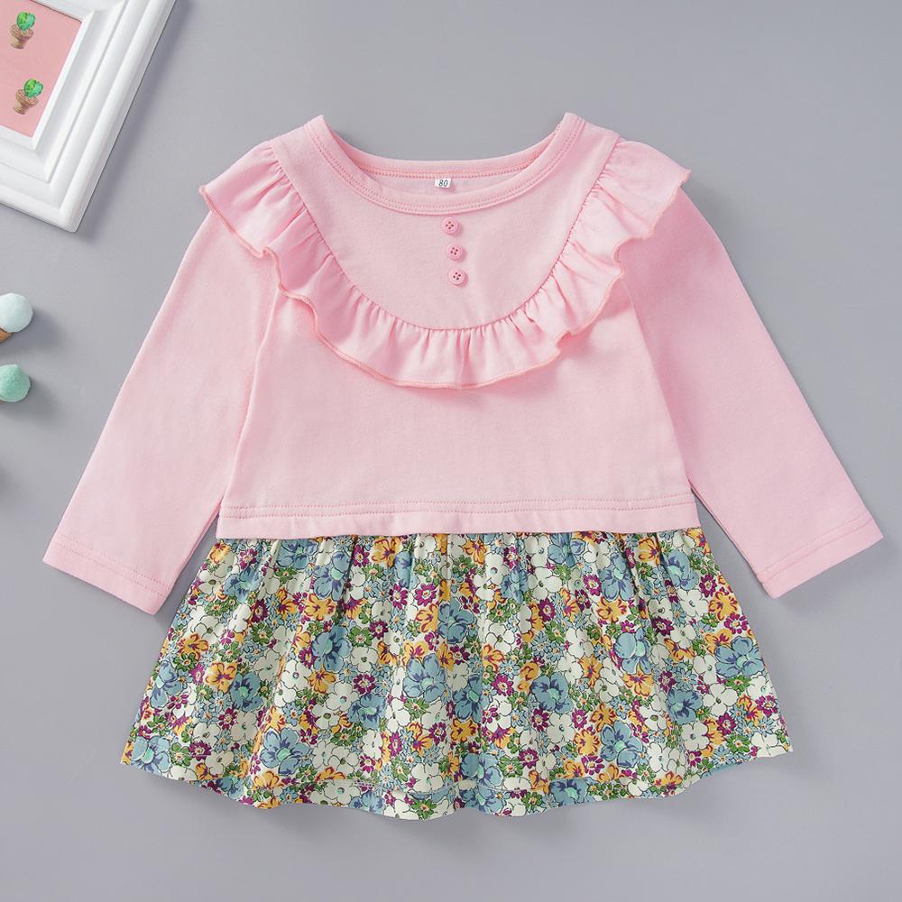 Baby Girls Long Sleeve Floral Splicing Dress Baby Boutique Wholesale - PrettyKid
