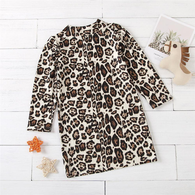 Girls Long Sleeve Casual Leopard Dress Kids Wholesale Clothing - PrettyKid