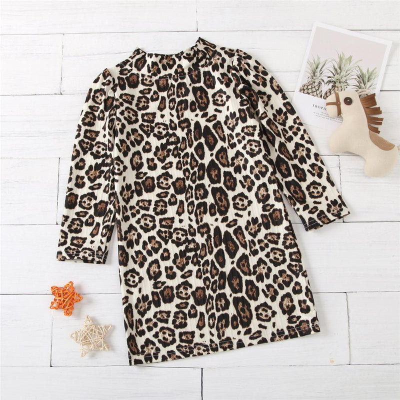 Girls Long Sleeve Casual Leopard Dress Kids Wholesale Clothing - PrettyKid