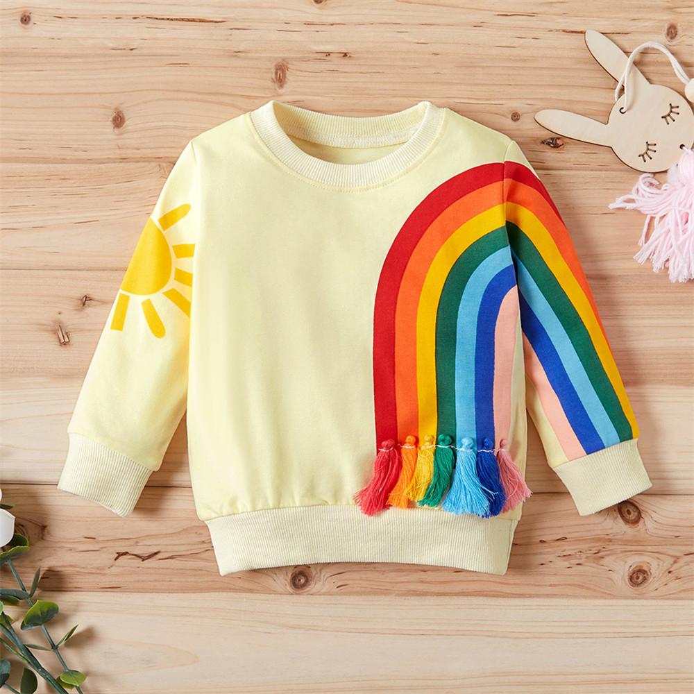 Girls Long Sleeve Casual Rainbow Printed T-shirts - PrettyKid