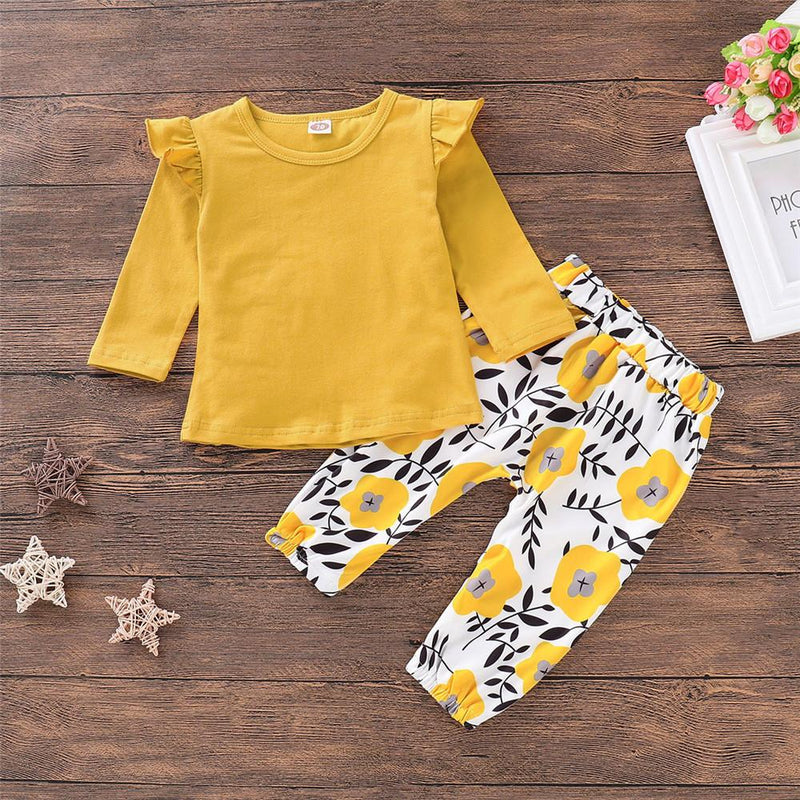 Girls Long Sleeve Casual Solid Top & Floral Pants - PrettyKid