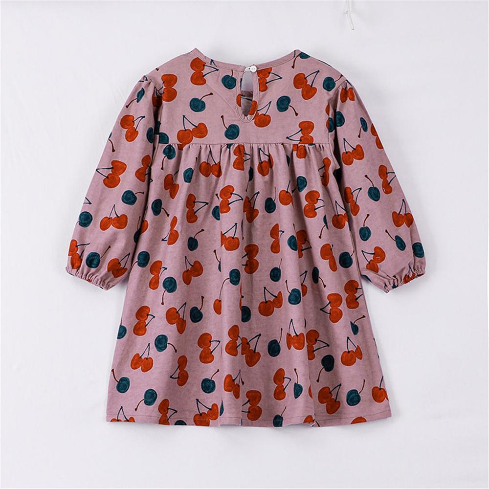 Girls Long Sleeve Cherry Printed Crew Neck Dress Children's Wholesale Boutique Clothing - PrettyKid
