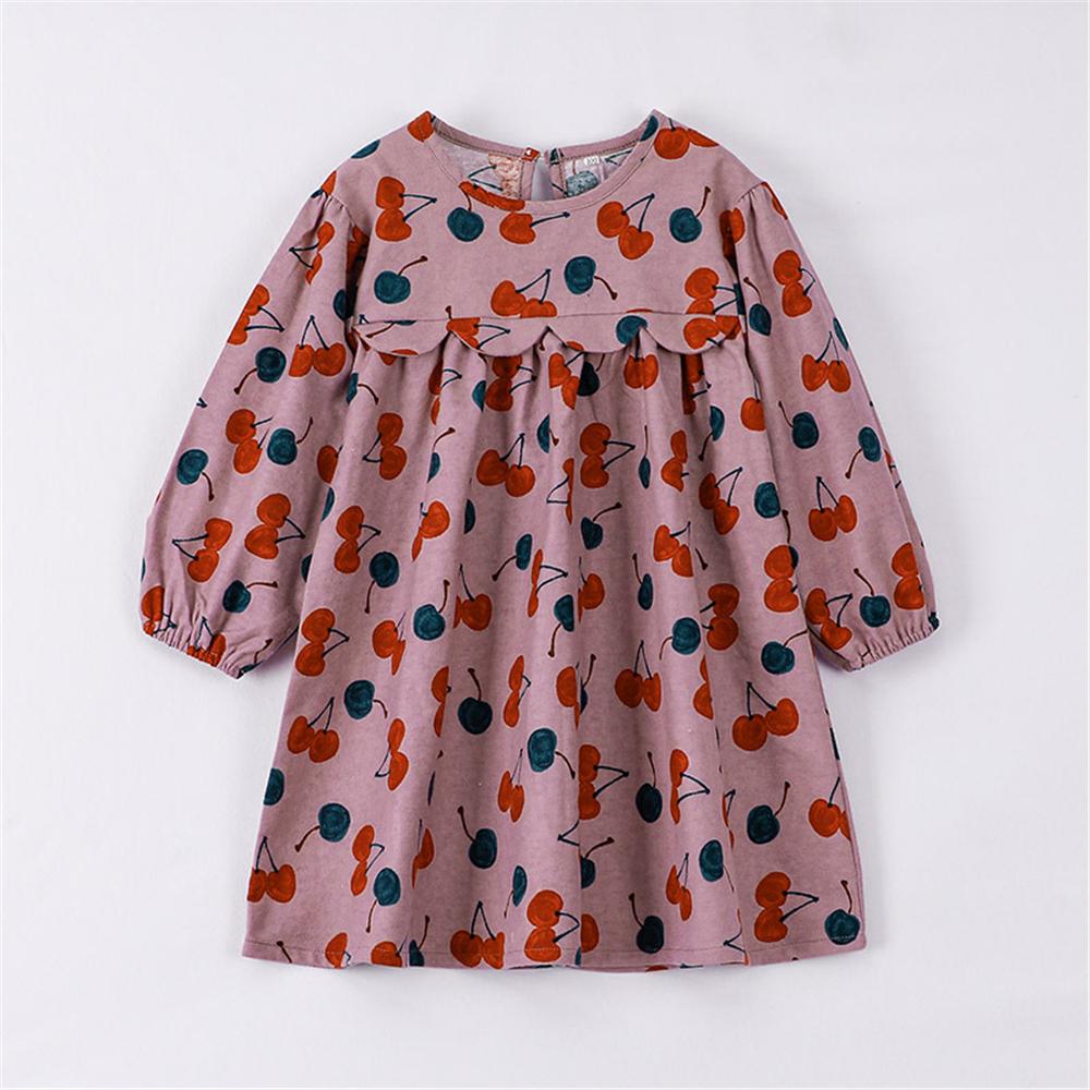 Girls Long Sleeve Cherry Printed Crew Neck Dress Children's Wholesale Boutique Clothing - PrettyKid