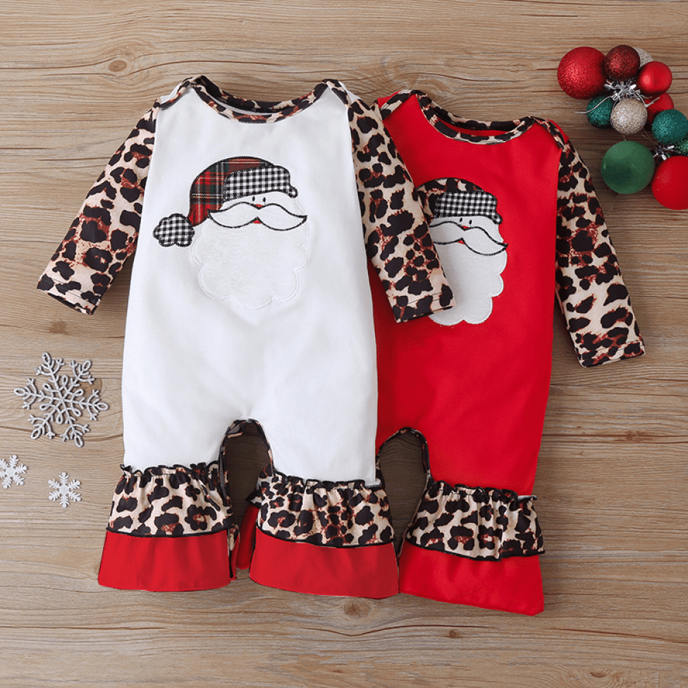Baby Long Sleeve Christmas Cartoon Leopard print Romper Newborn Onesie - PrettyKid