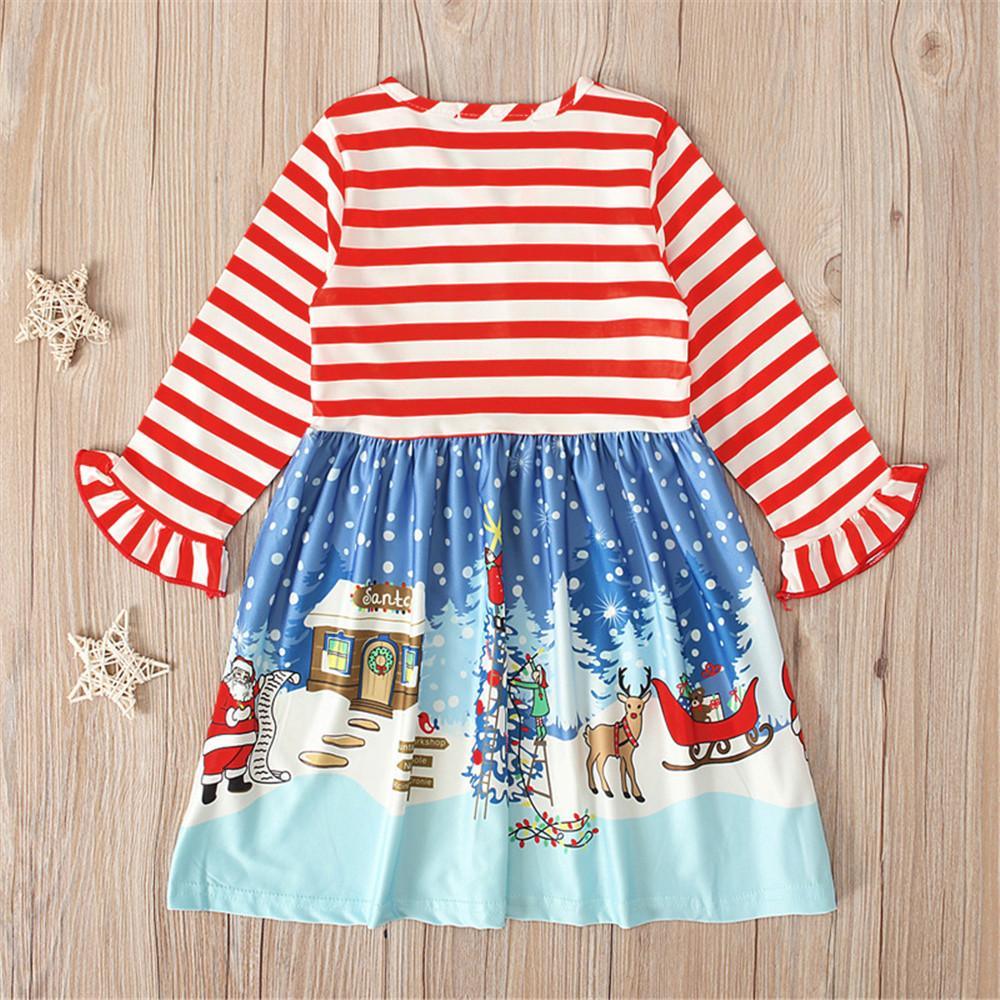 Girls Long Sleeve Christmas Snowman Striped Dress - PrettyKid