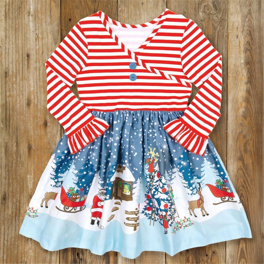 Girls Long Sleeve Christmas Snowman Striped Dress - PrettyKid