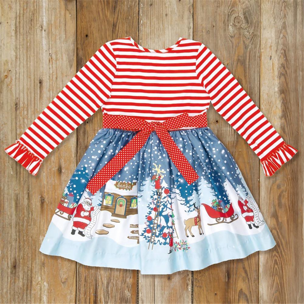 Girls Long Sleeve Christmas Snowman Striped Dress - PrettyKid