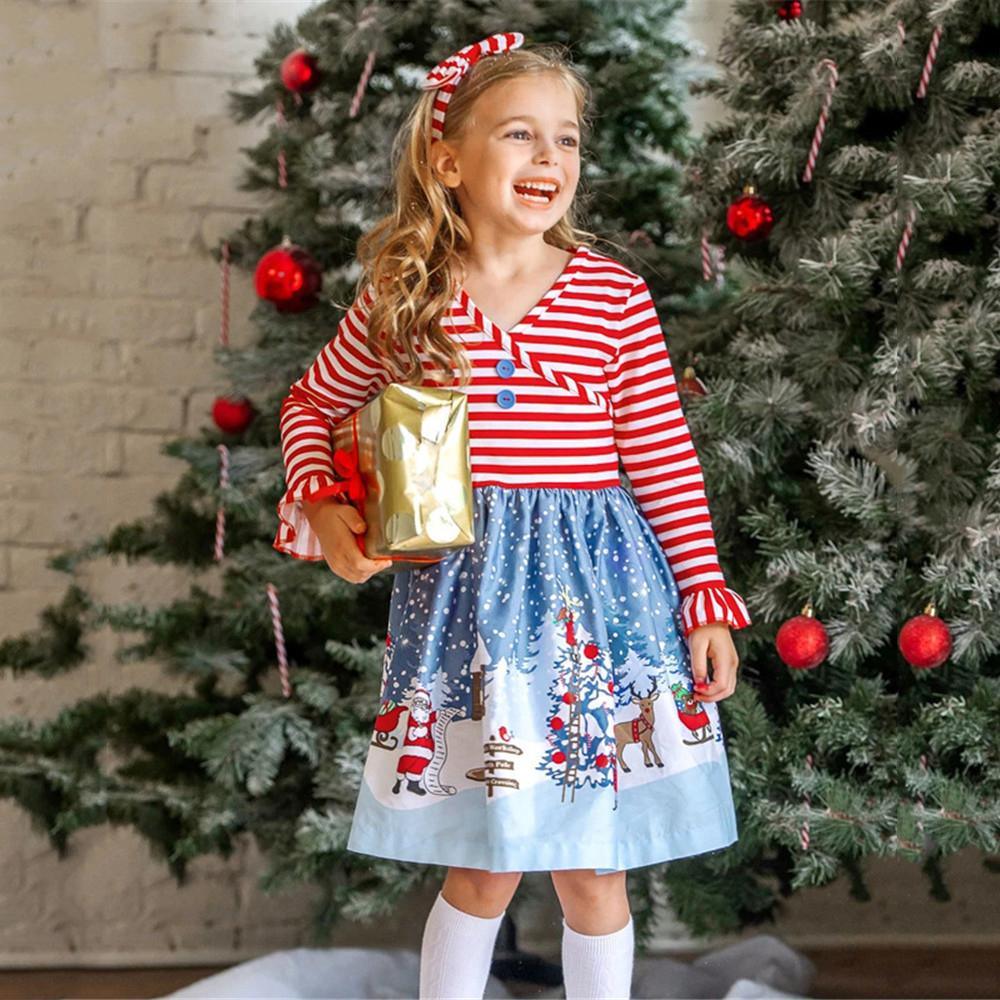 Girls Long Sleeve Christmas Snowman Striped Dress - PrettyKid