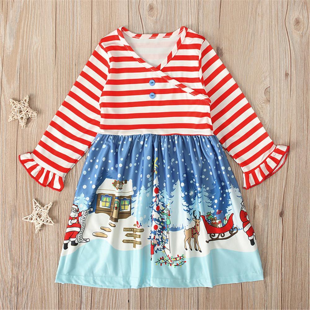 Girls Long Sleeve Christmas Snowman Striped Dress - PrettyKid