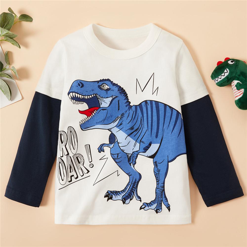 Boys Long Sleeve Color Block Dino Letter Printed Tees - PrettyKid