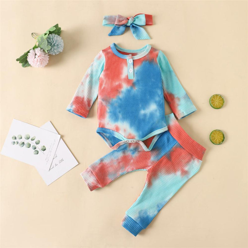 Baby Long Sleeve Crew Neck Tie Dye Romper & Pants & Headband - PrettyKid