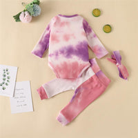 Baby Long Sleeve Crew Neck Tie Dye Romper & Pants & Headband - PrettyKid