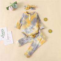 Baby Long Sleeve Crew Neck Tie Dye Romper & Pants & Headband - PrettyKid