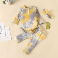 Baby Long Sleeve Crew Neck Tie Dye Romper & Pants & Headband - PrettyKid