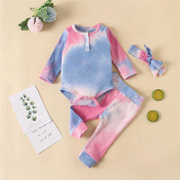 Baby Long Sleeve Crew Neck Tie Dye Romper & Pants & Headband - PrettyKid