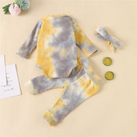 Baby Long Sleeve Crew Neck Tie Dye Romper & Pants & Headband - PrettyKid