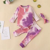 Baby Long Sleeve Crew Neck Tie Dye Romper & Pants & Headband - PrettyKid