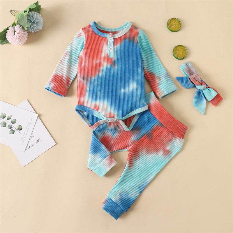 Baby Long Sleeve Crew Neck Tie Dye Romper & Pants & Headband - PrettyKid