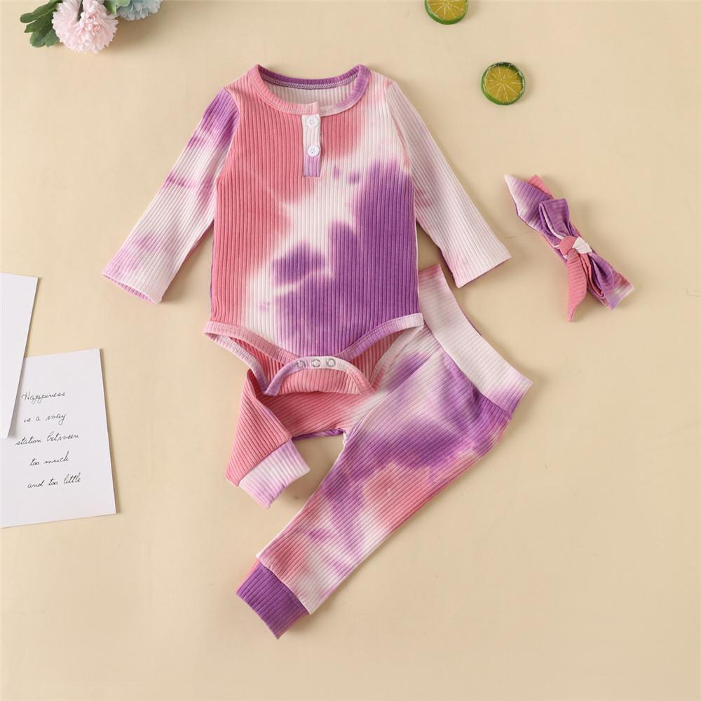 Baby Long Sleeve Crew Neck Tie Dye Romper & Pants & Headband - PrettyKid