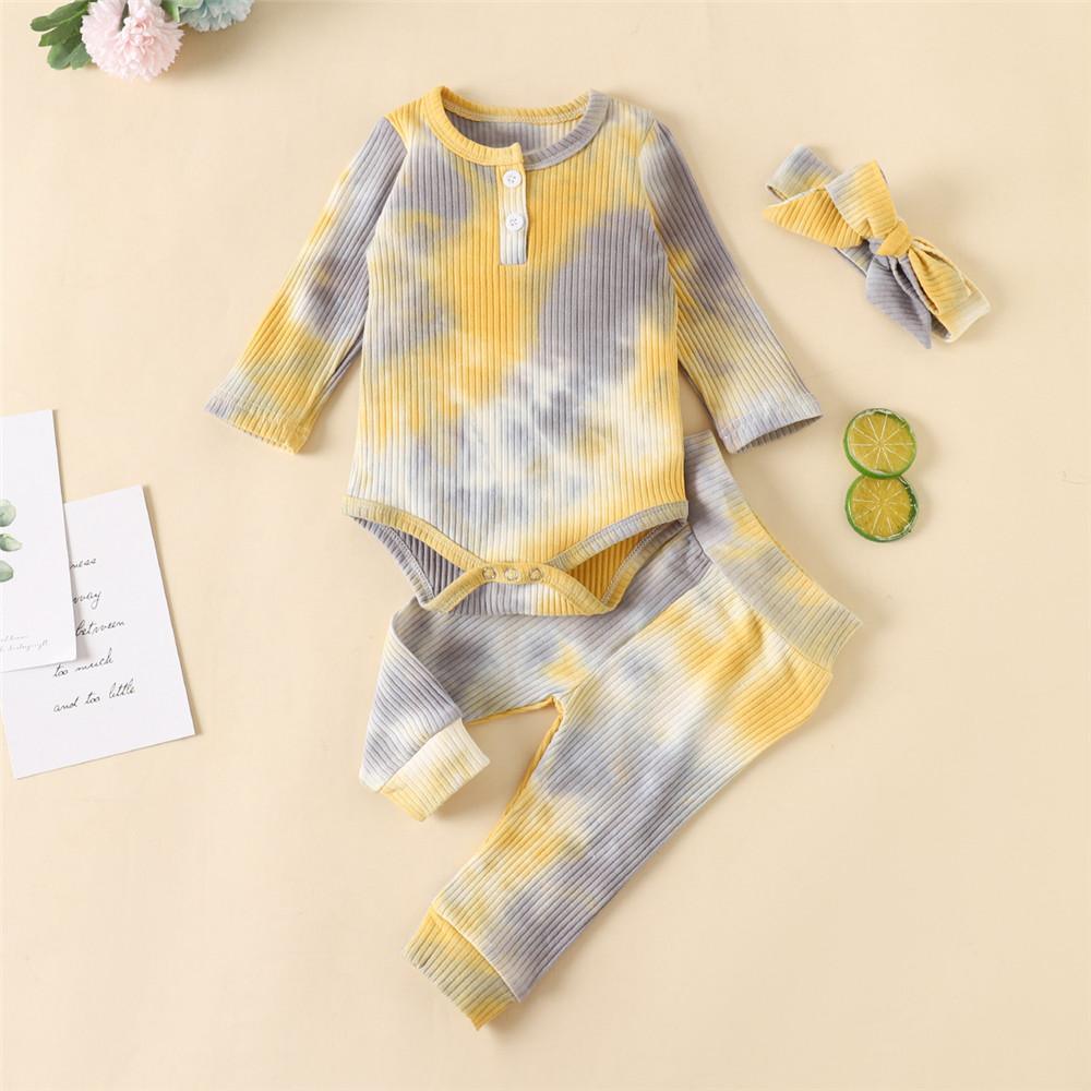 Baby Long Sleeve Crew Neck Tie Dye Romper & Pants & Headband - PrettyKid