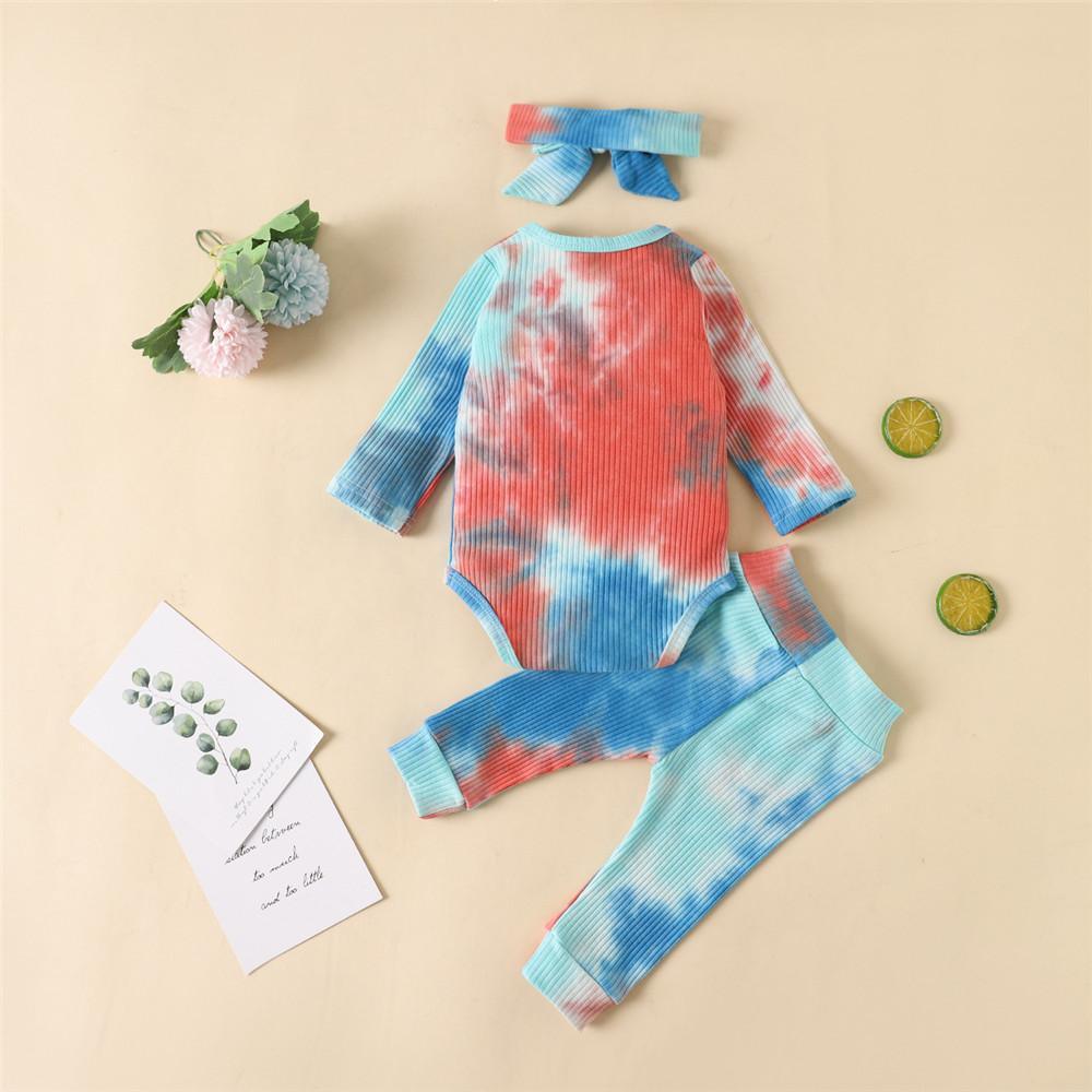 Baby Long Sleeve Crew Neck Tie Dye Romper & Pants & Headband - PrettyKid